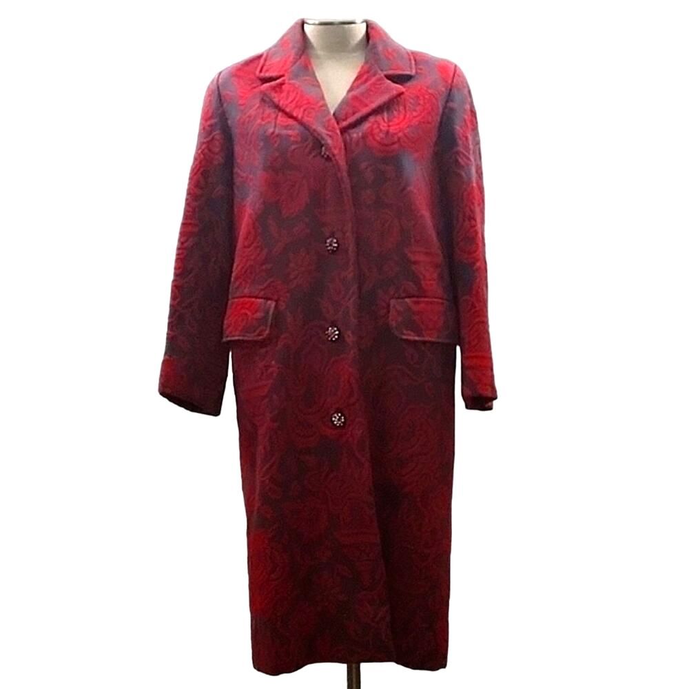 Betty Rose VTG Long 3/4 Overcoat - Floral Tapestry Red Gray Brocade, Women's S